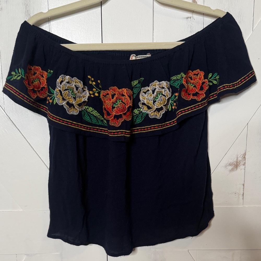 Flying Tomato Navy Floral Embroidered Off Shoulder Top